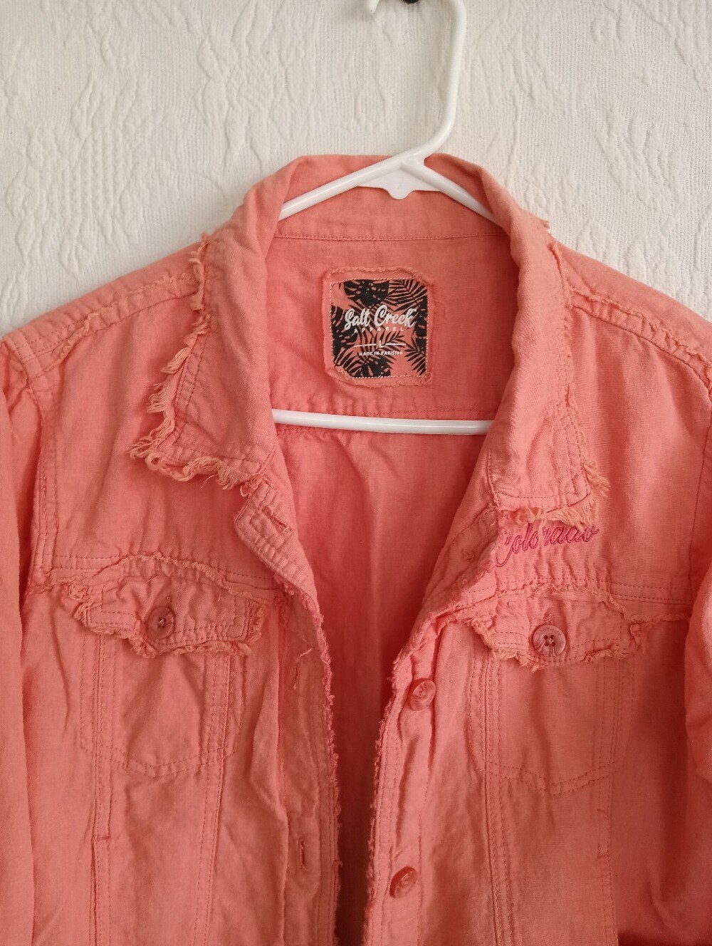 Colorado Logo Denim Jacket Coral Pink Frayed Edges Lightweight - Picture 2 of 13